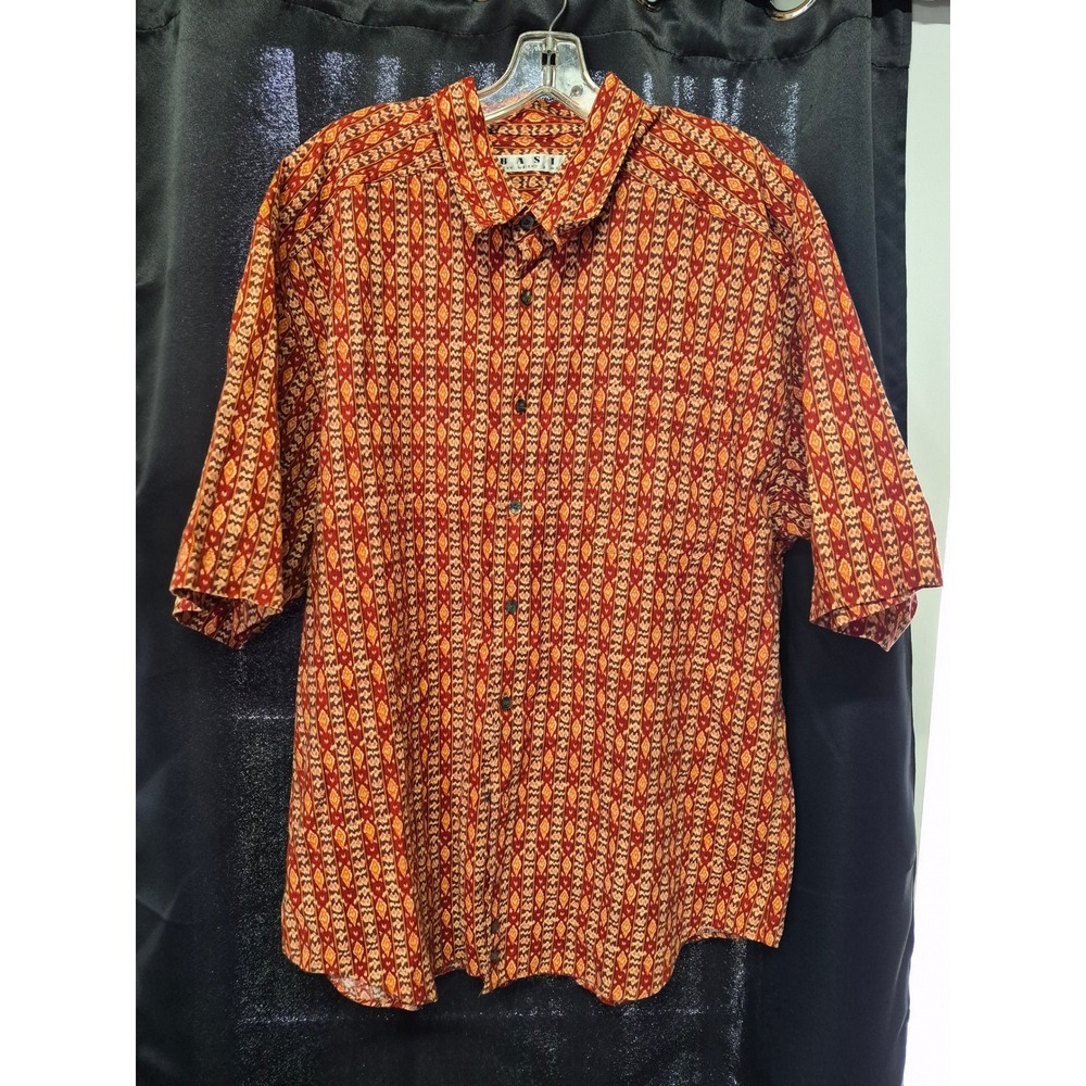 Basix Fenn Wright & Manson Mens XL Red Ikat Cotton Linen Short Sleeve Shirt